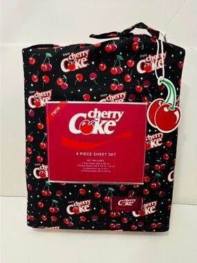 Cherry Coke Twin Size 4 Piece Sheet Set Black Red White Green